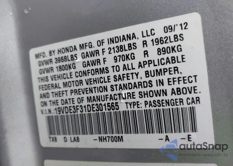 2013 Acura Ilx Hybrid 1.5L z USA, uszkodzony, nr VIN 19VDE3F31DE301565
